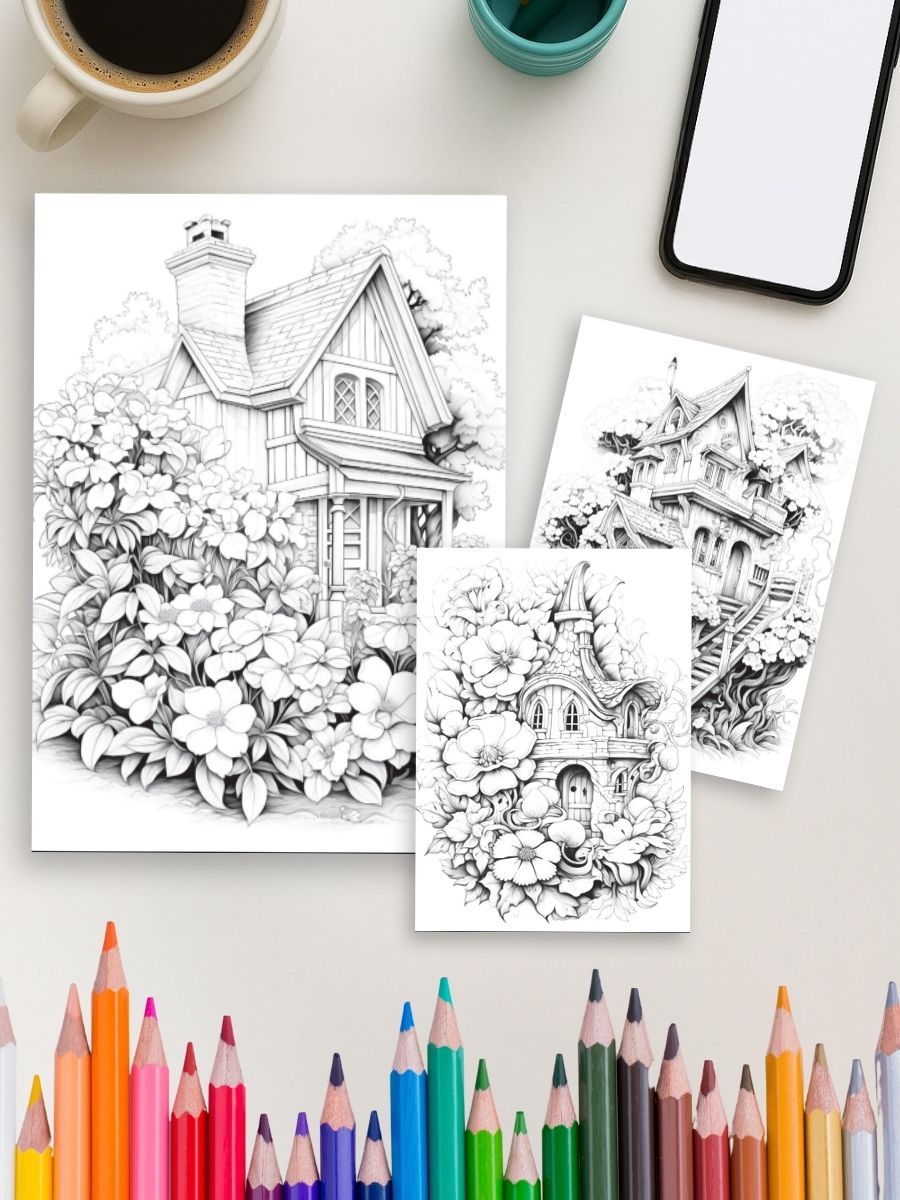 Homes in Bloom – 100 Floral House Colouring Pages - Image 3